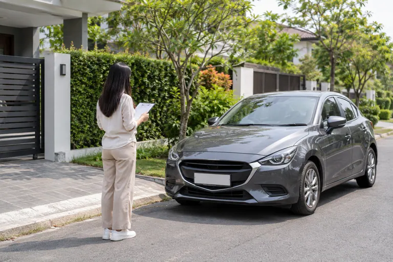 Wanita memegang catatan umum berhampiran sedan kelabu yang diparkir di jalan kediaman.