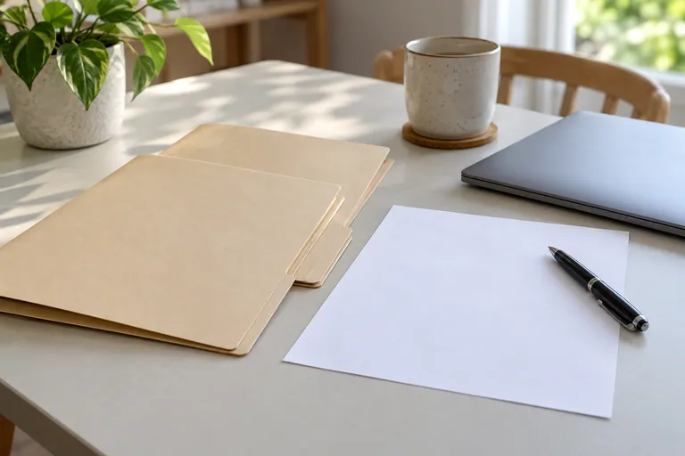 Folder kosong tertutup, sekeping kertas kosong dan pen di meja yang terang.