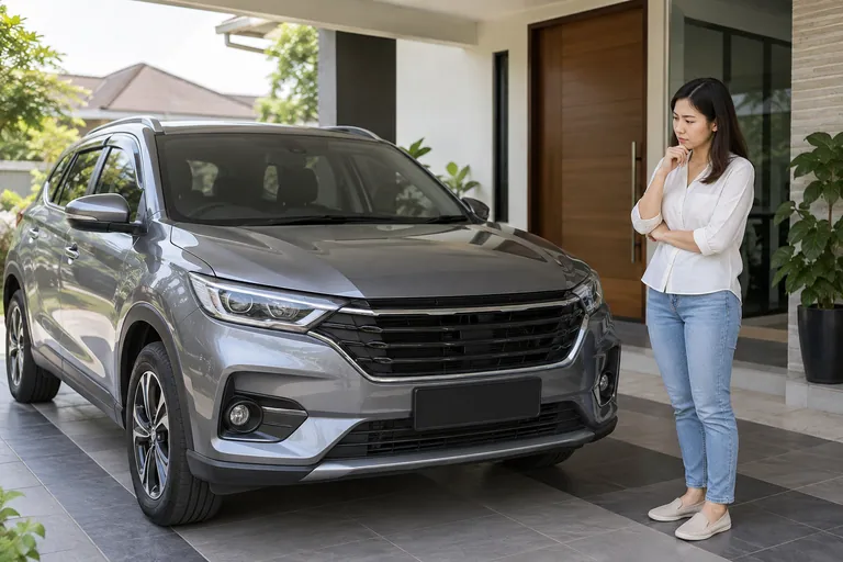 Wanita berpakaian harian mempertimbangkan kereta kelabu di pintu masuk kediaman berbumbung.