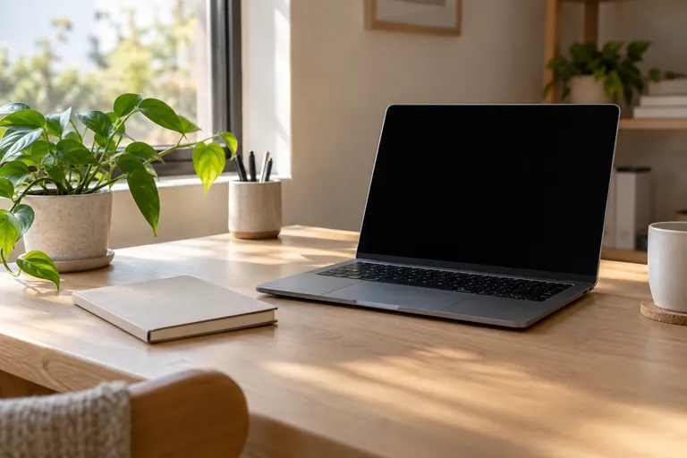 Closed notebook and laptop with a black unlit screen on a home desk.