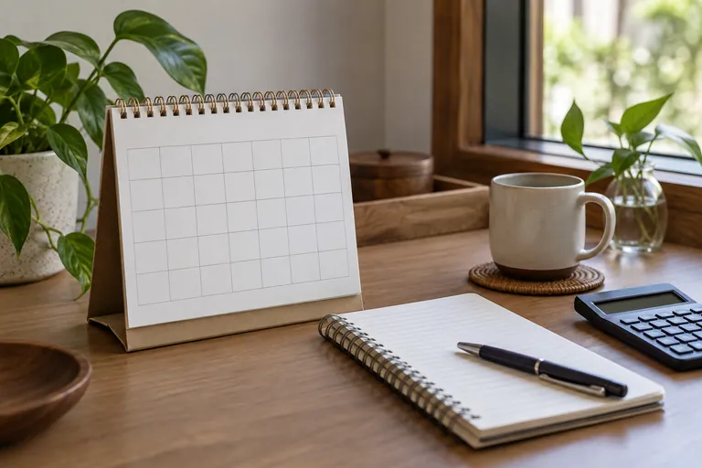 Grid kalendar tanpa tarikh, buku catatan kosong dan kalkulator berskrin gelap di meja rumah.